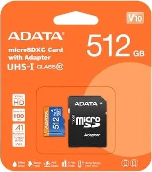 ADATA Premier R100/W25 microSDXC 512GB Kit, UHS-I U1, A1, Class 10