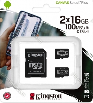 Kingston Canvas Select Plus R100 microSDHC 16GB Kit, UHS-I U1, A1, Class 10, 2er-Pack