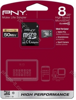 PNY High Performance R50/W20 microSDHC 8GB Kit, UHS-I, Class 10