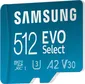 Samsung EVO Select R160 microSDXC 512GB Kit, UHS-I U3, A2, Class 10