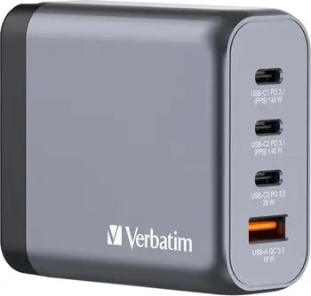 Verbatim 140W GaN charger with 4 connectors grey